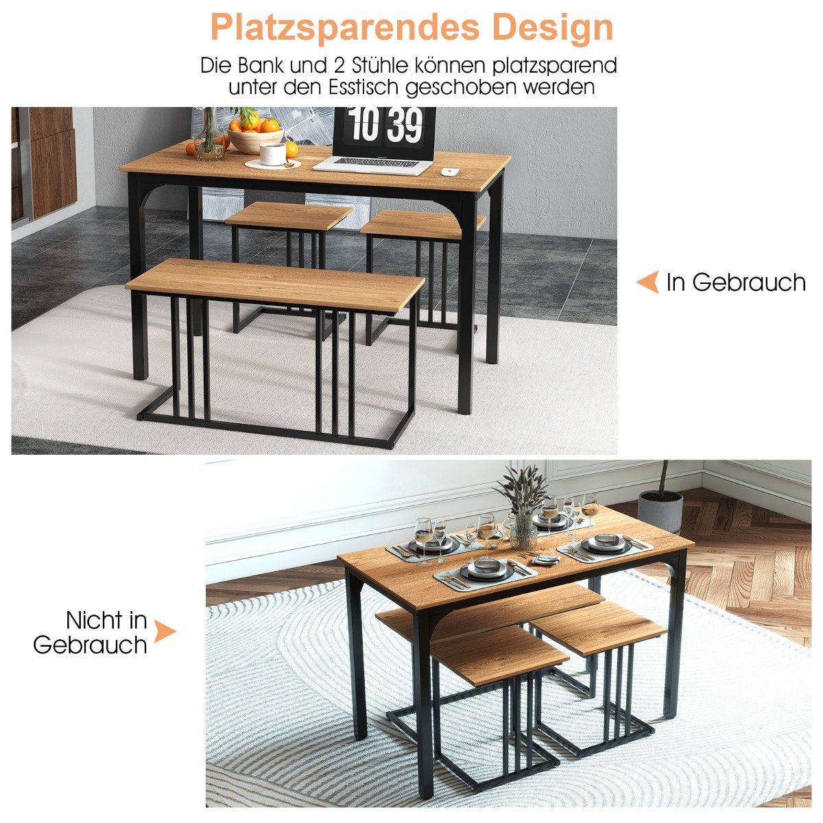 Dining table with bench & 2 stools set of 4 kitchen table industrial dining group for kitchen 120 x 60 x 75 cm natural
