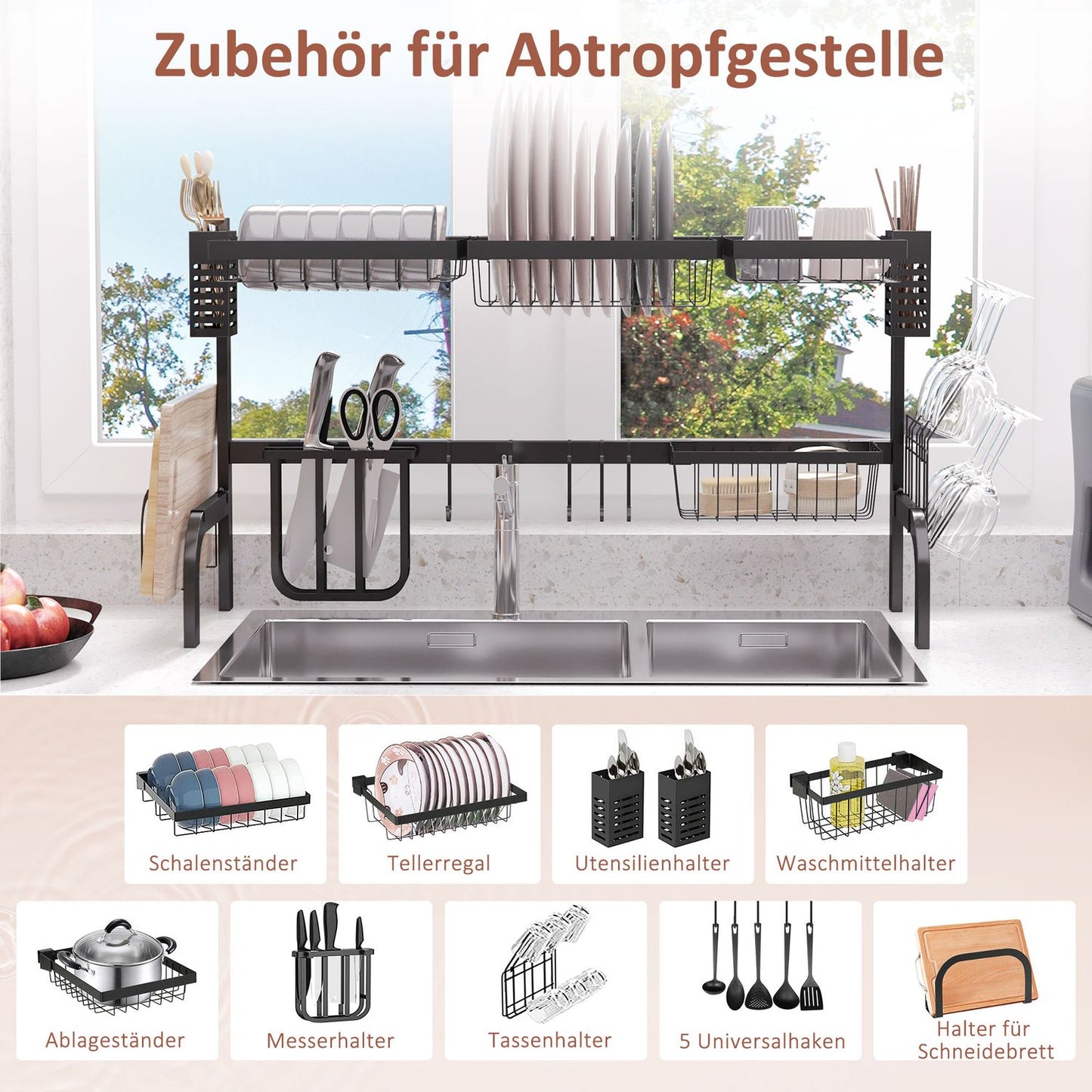Dish drainer, 2-tier drainer with hooks, plate rack, accessories, 100 cm steel, black