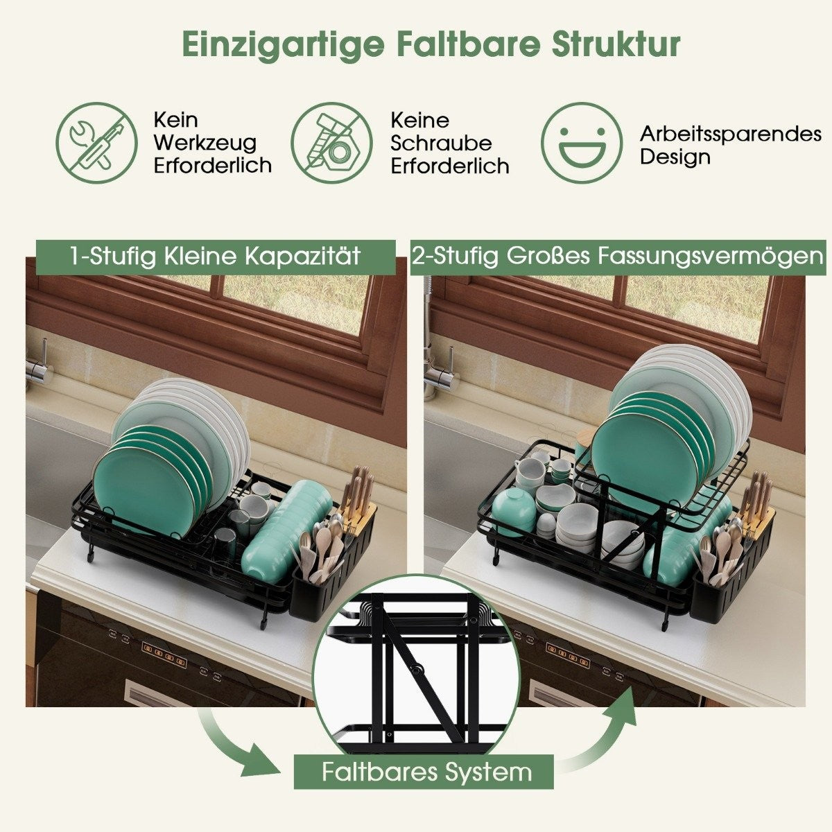 Dish drainer 2-tier folding dish rack made of metal black