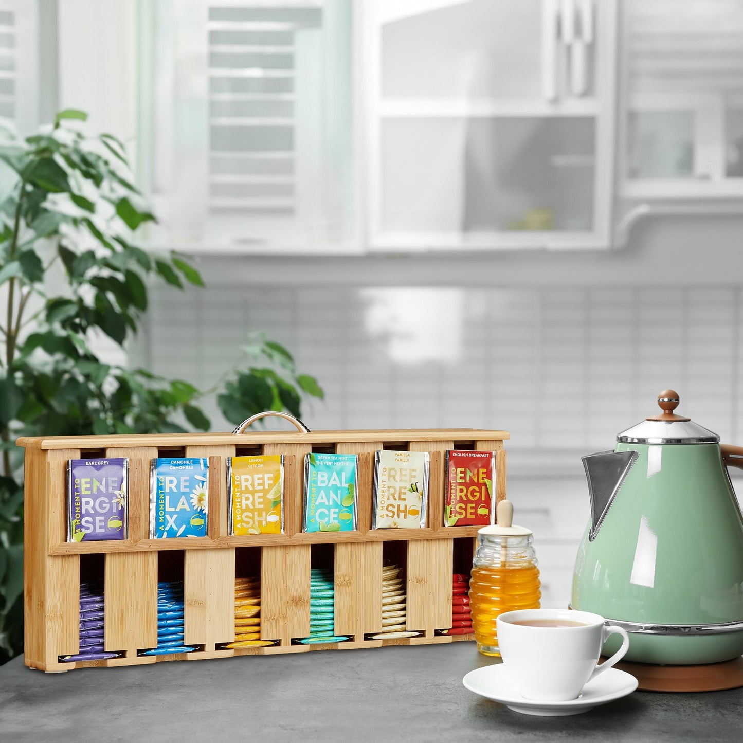 Dispenser for tea bags in bamboo with 6 compartments