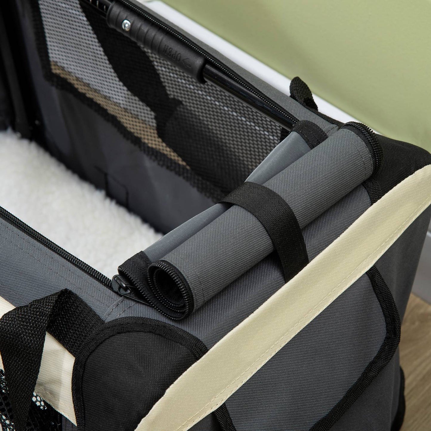Foldable gray dog bag with cushion, small size