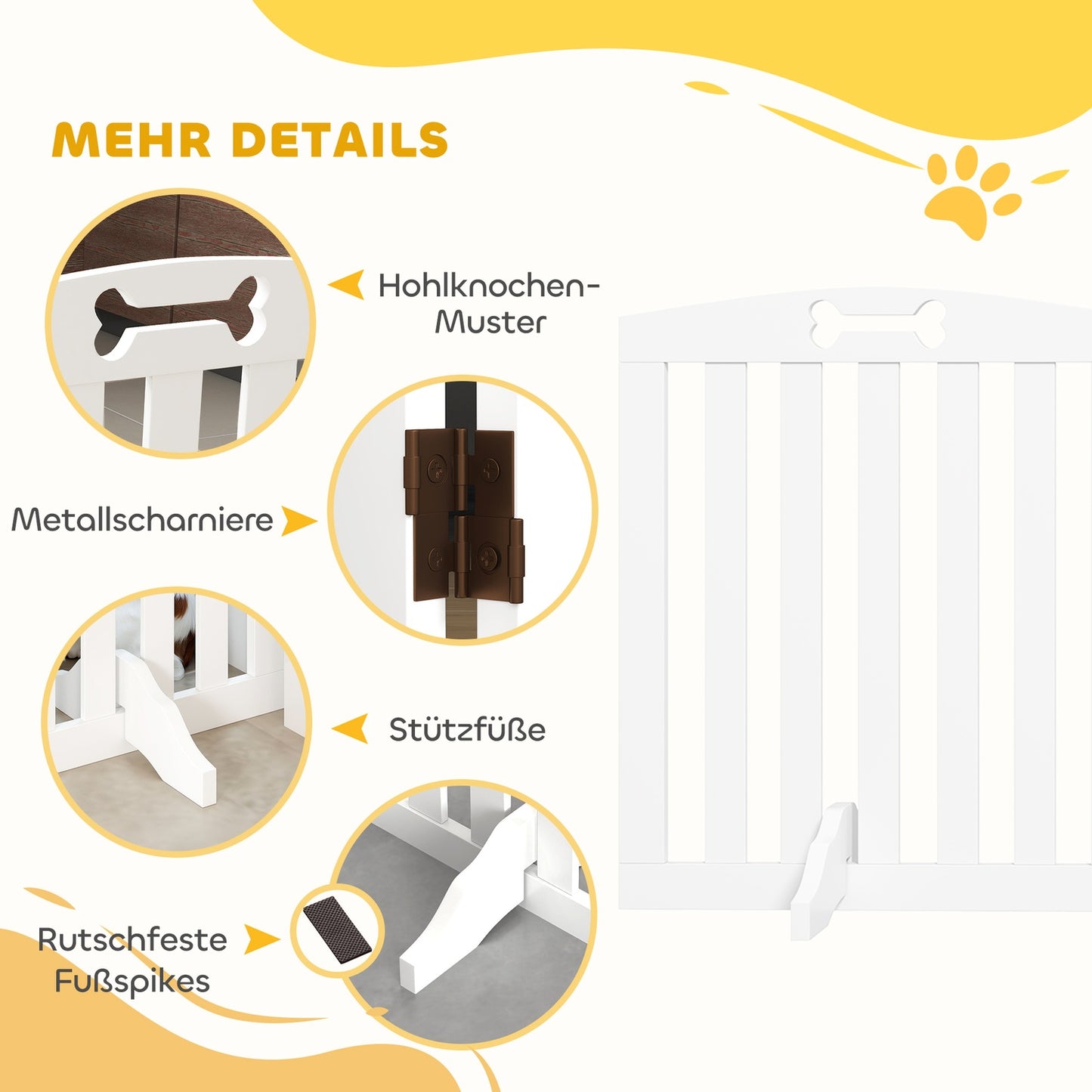Dog barrier gate, foldable, 4-part, 207.5 x 61 cm, white