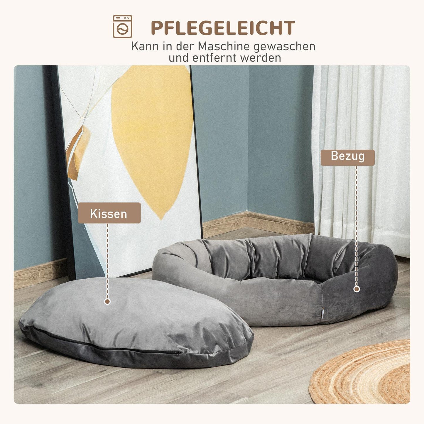 Round dog bed - velvet smooth polyester, removable cover, gray
