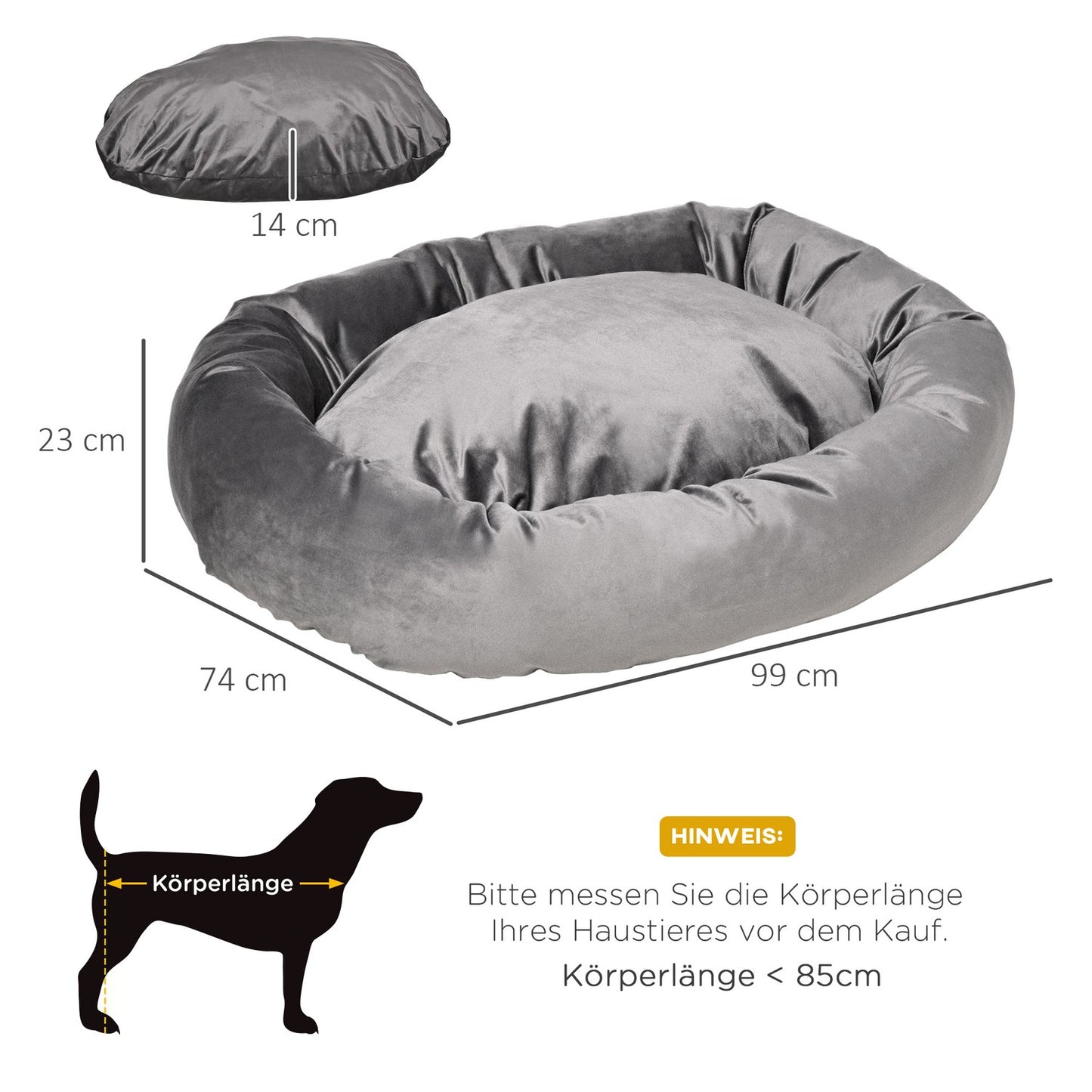 Round dog bed - velvet smooth polyester, removable cover, gray