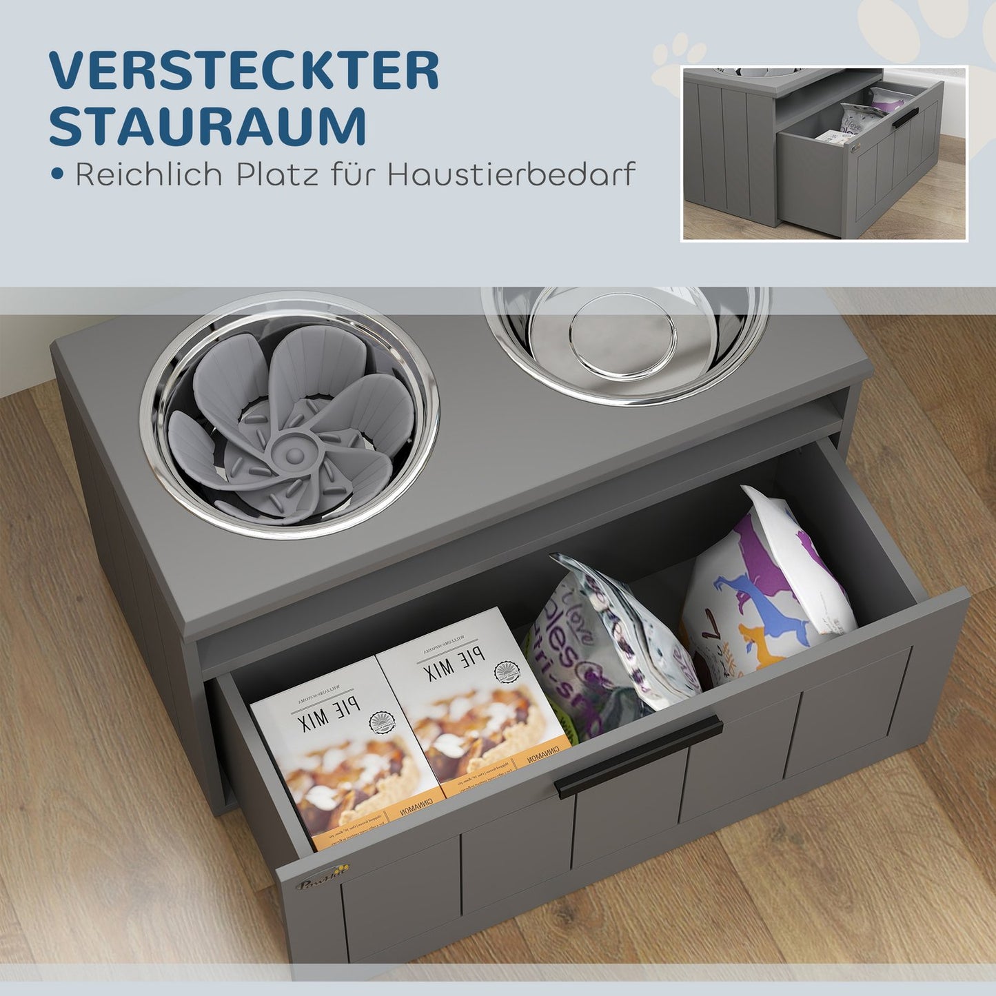 Elevated dog feeding station with storage, gray