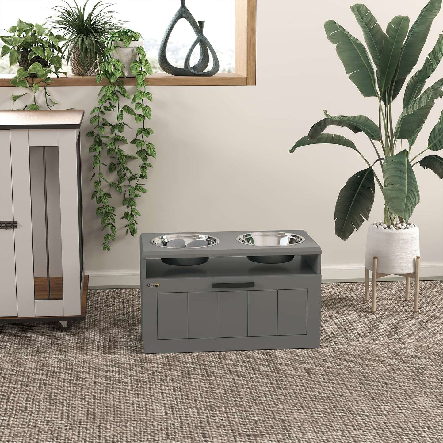 Elevated dog feeding station with storage, gray