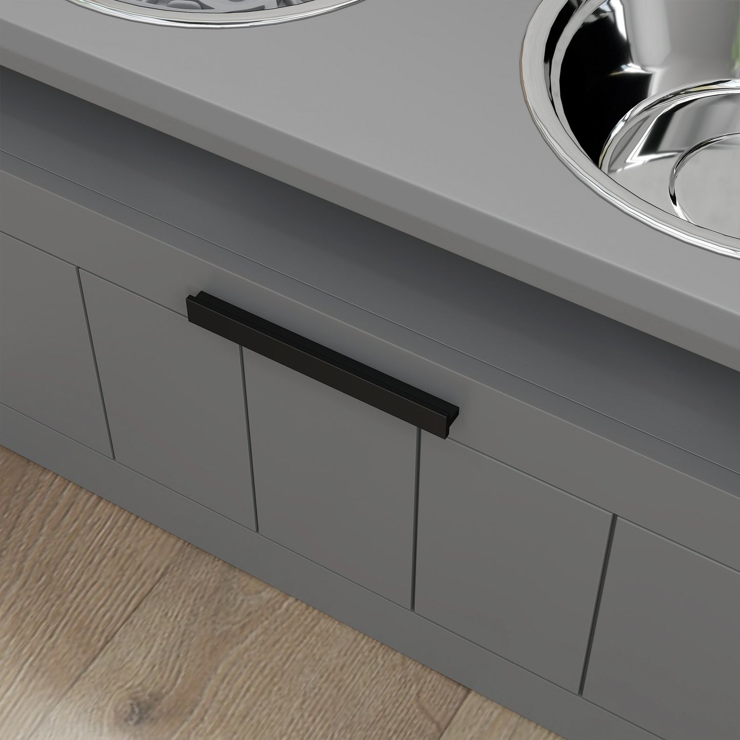 Elevated dog feeding station with storage, gray