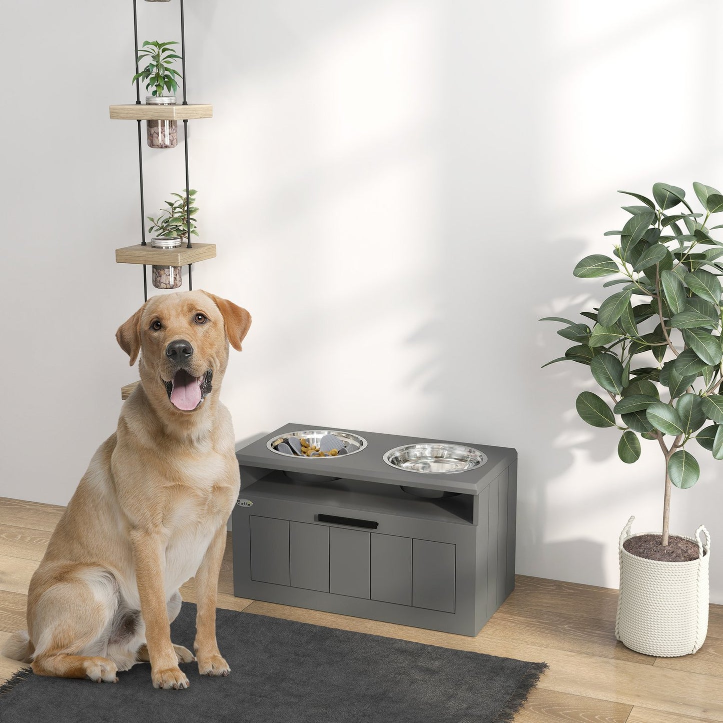 Elevated dog feeding station with storage, gray