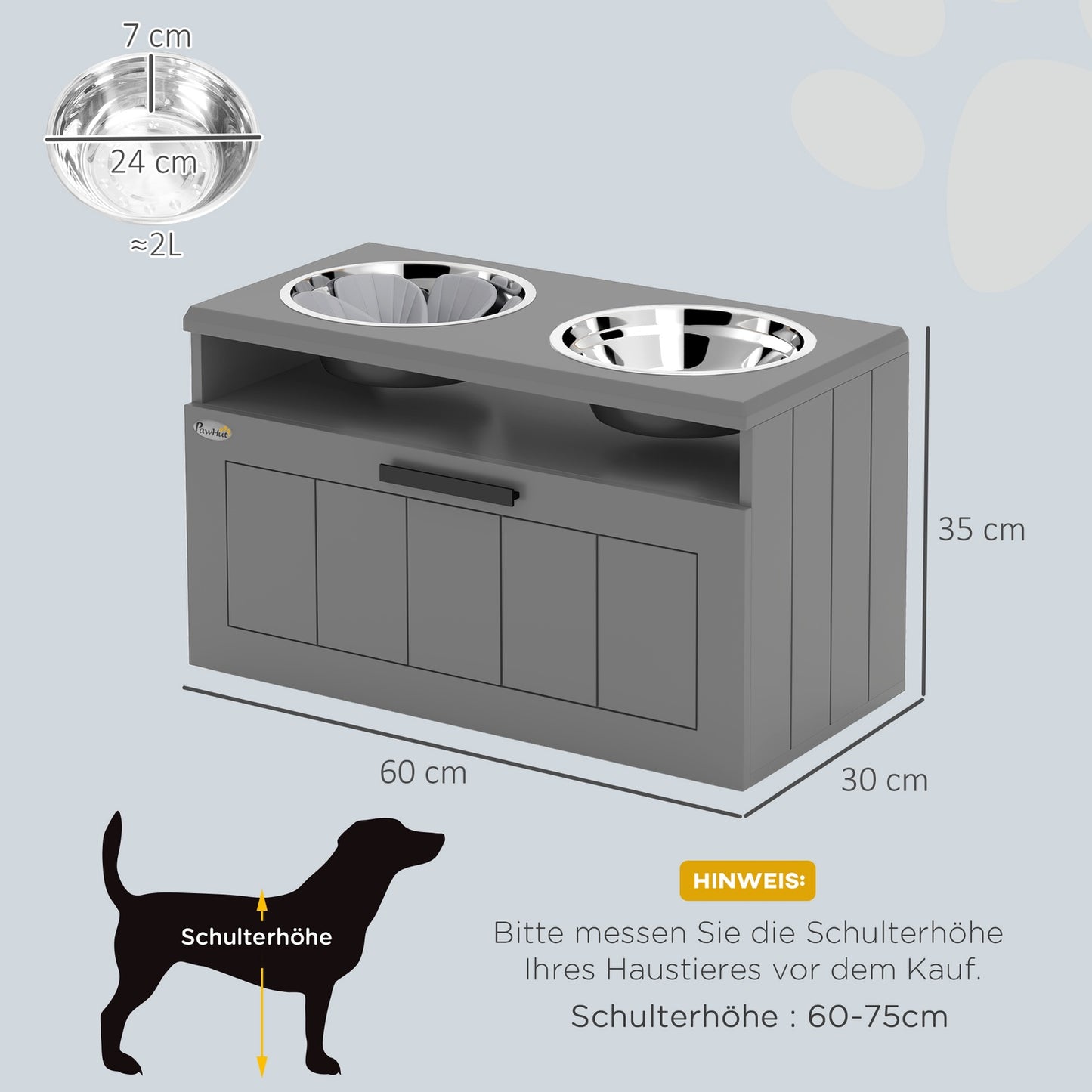 Elevated dog feeding station with storage, gray