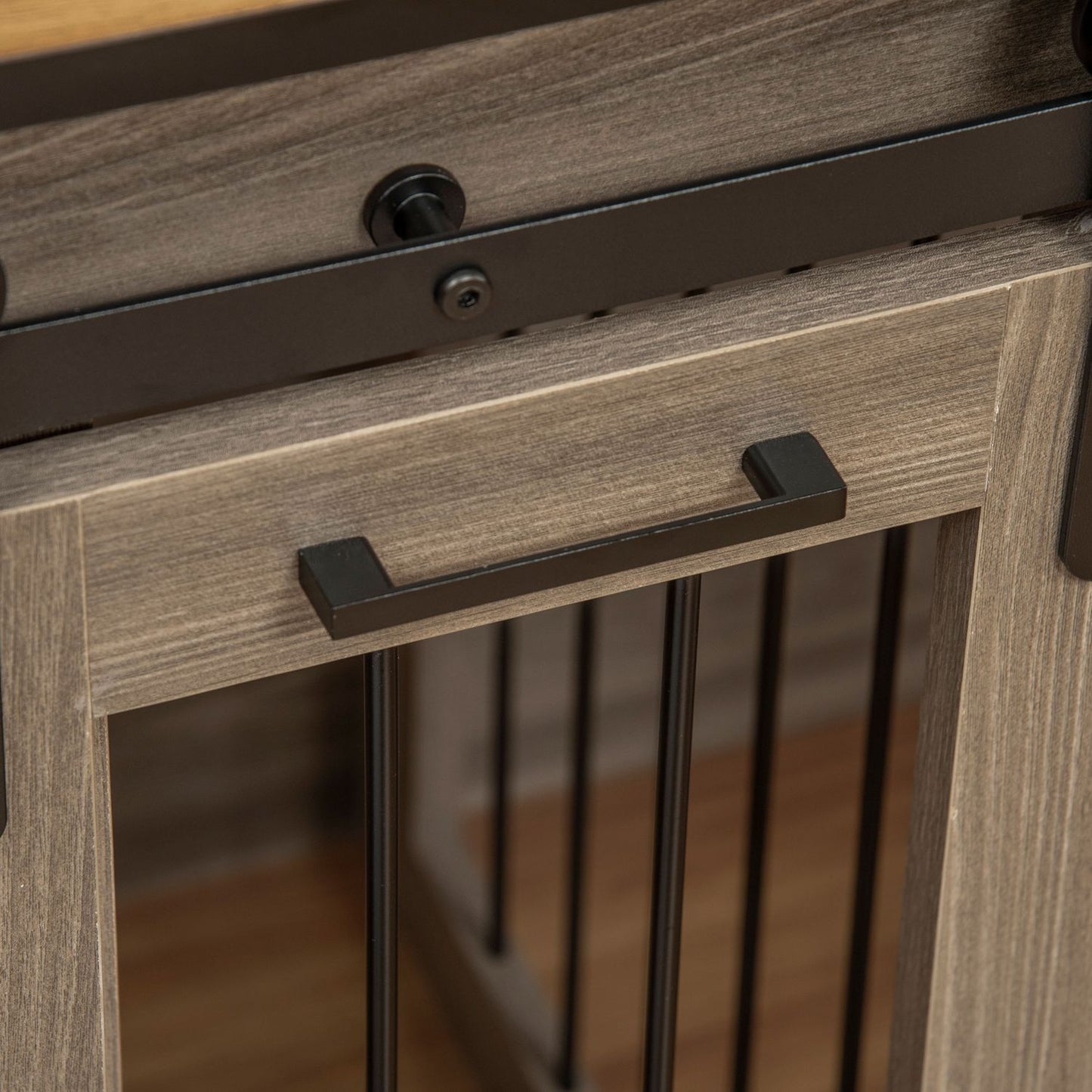 Dog crate with double doors, two-room option, oak finish