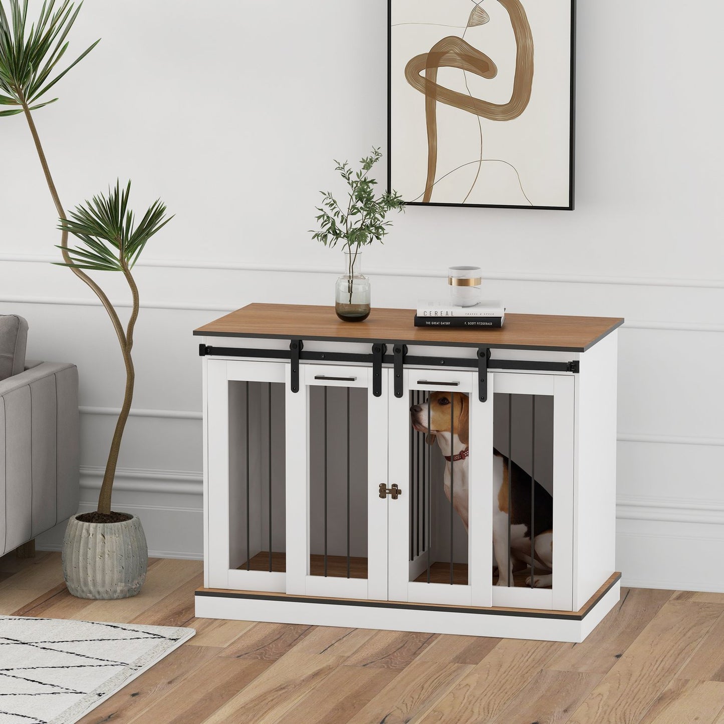 White dog cage with double rooms and double doors, medium size