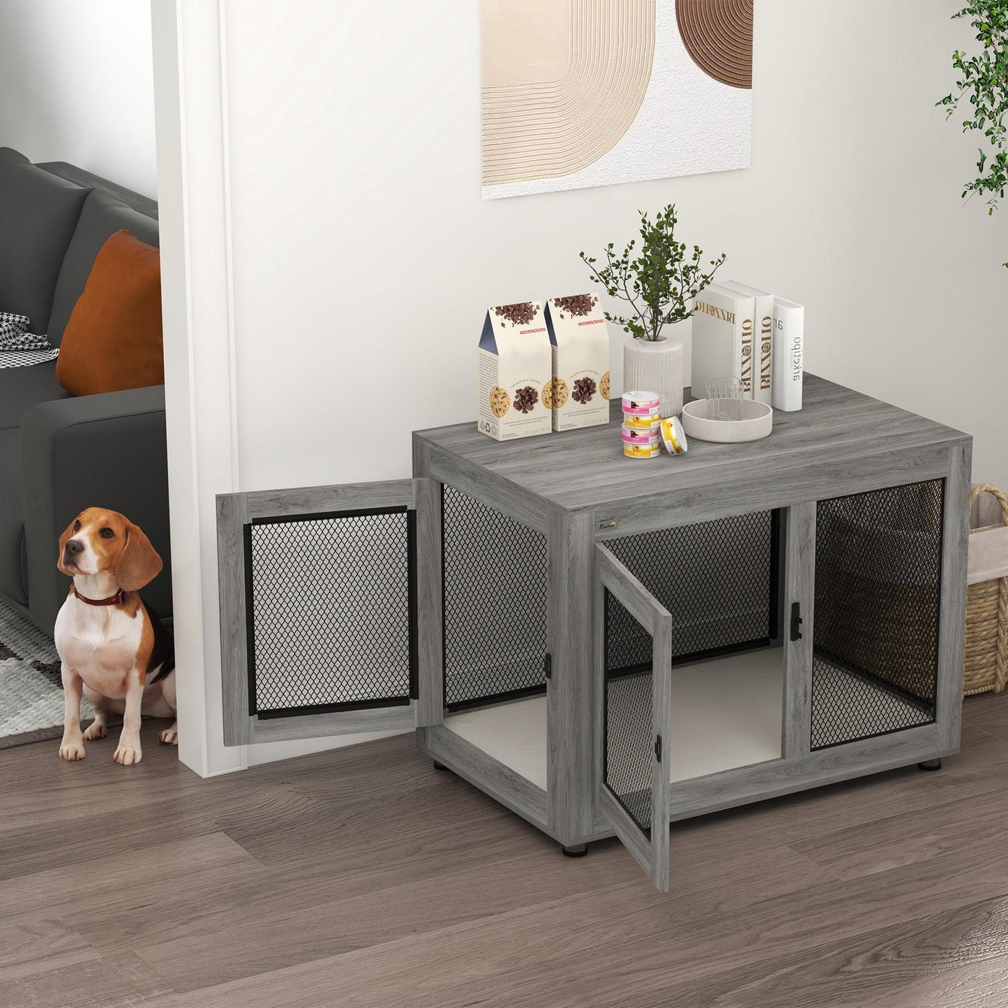 Dog cage for large dogs, double door, adjustable feet, gray