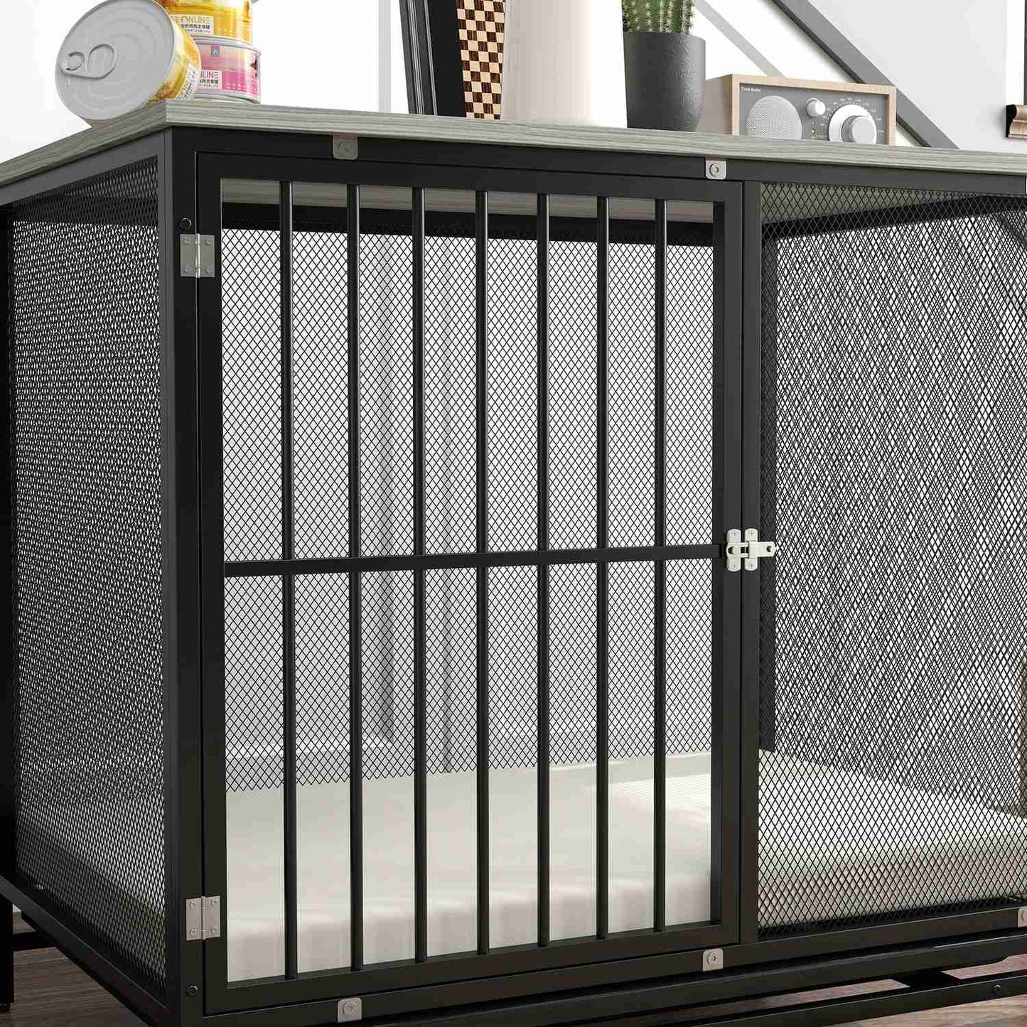 Lockable dog box with cushion, Grey, 88 x 55 x 71 cm