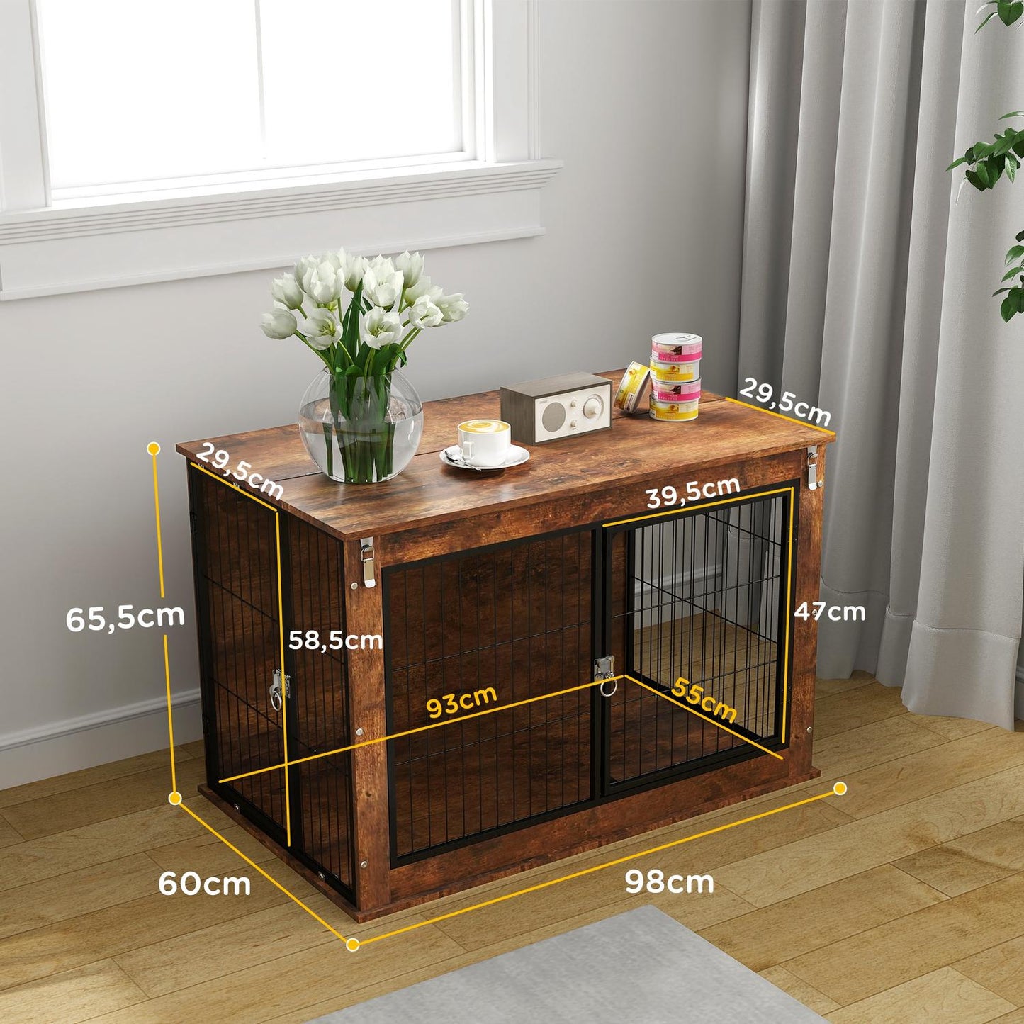 Dog Crate with Dual Doors, 98 x 60 x 65.5 cm, Brown
