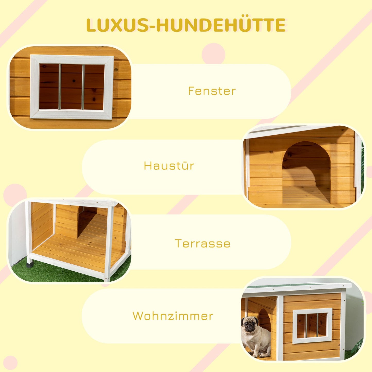 Dog house in fir wood with patio and roof for small dogs