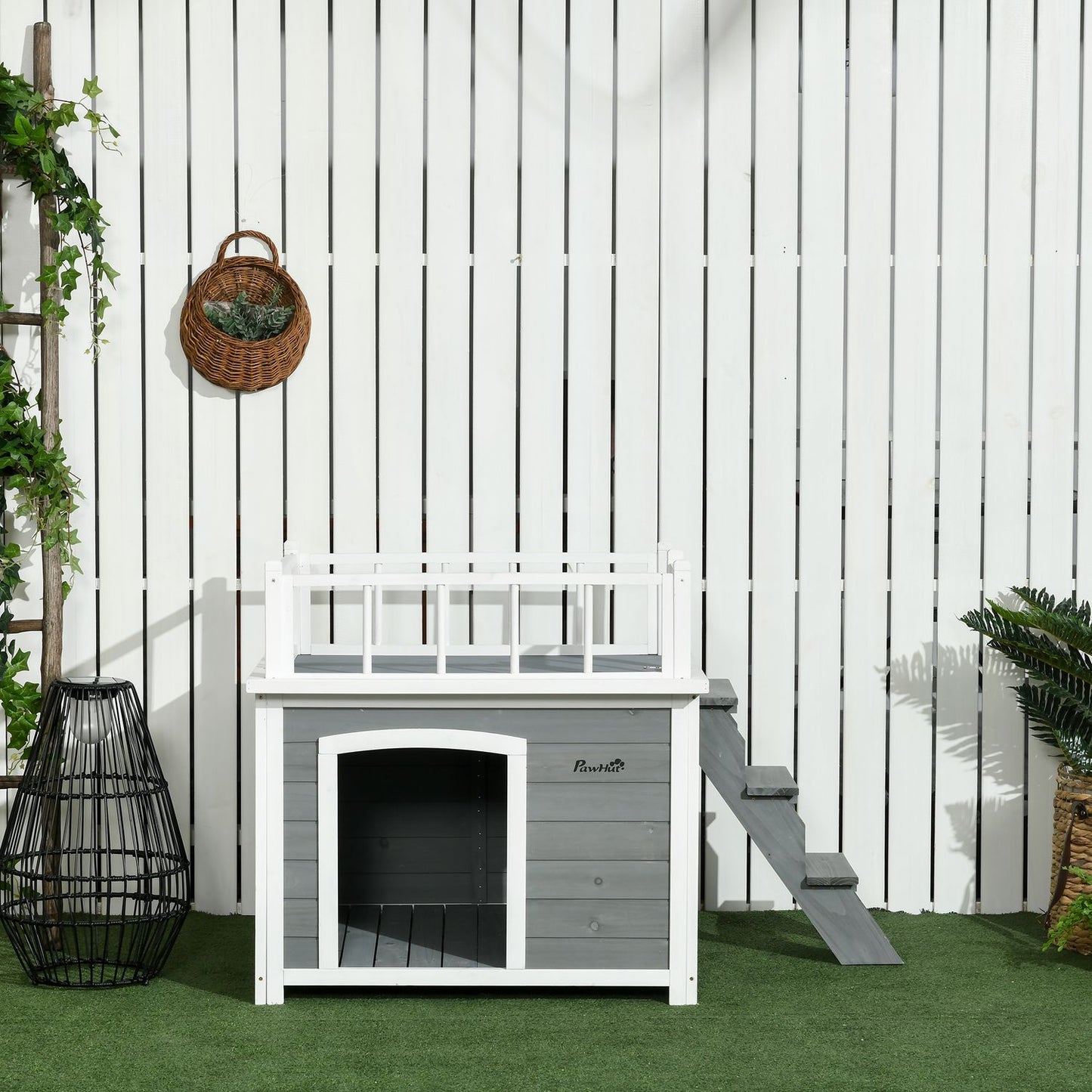 Elevated dog house with balcony and stairs - spruce wood