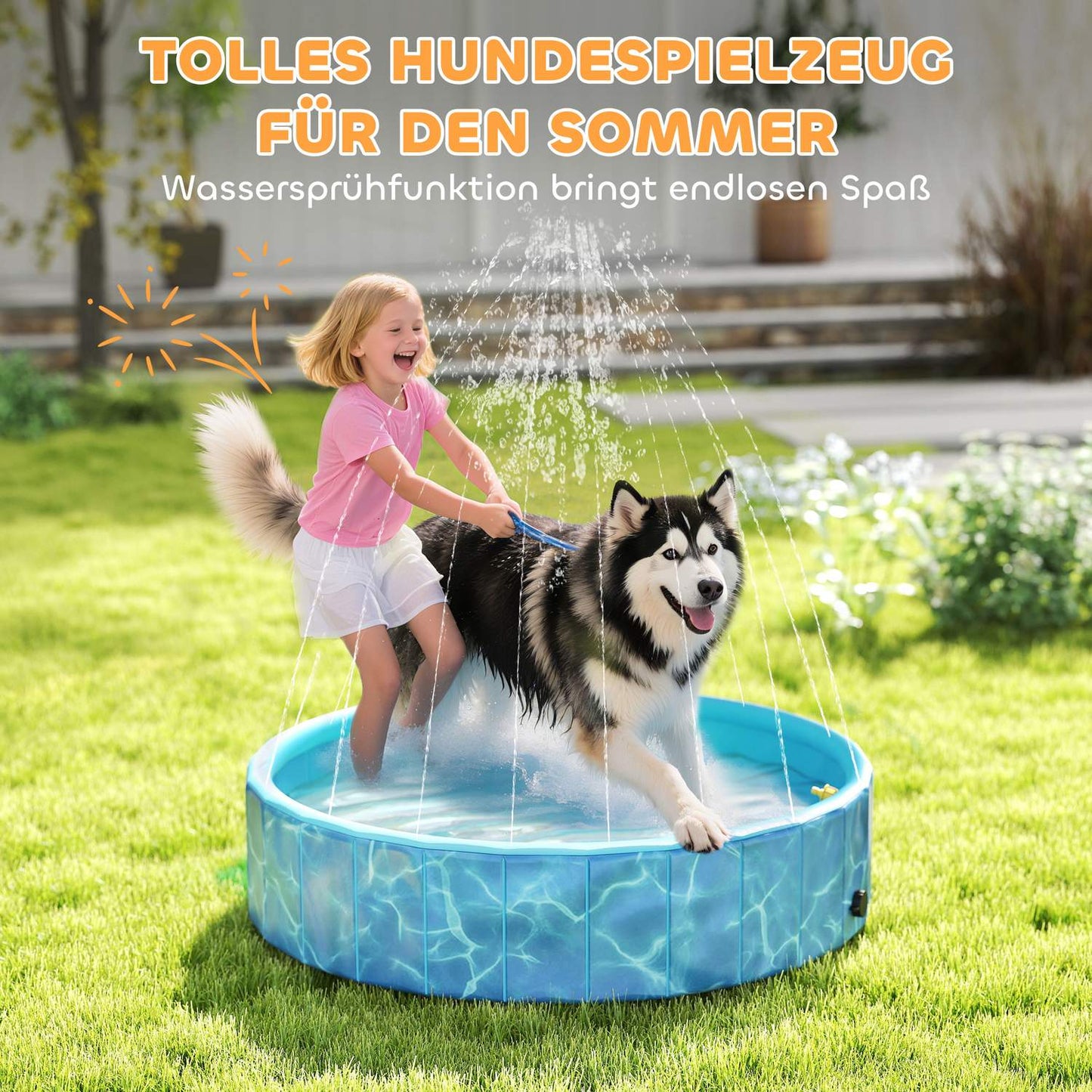 Dog Pool Foldable Paddling Pool with Fountain and Water Cushion Design Ø120 x 30 cm Blue