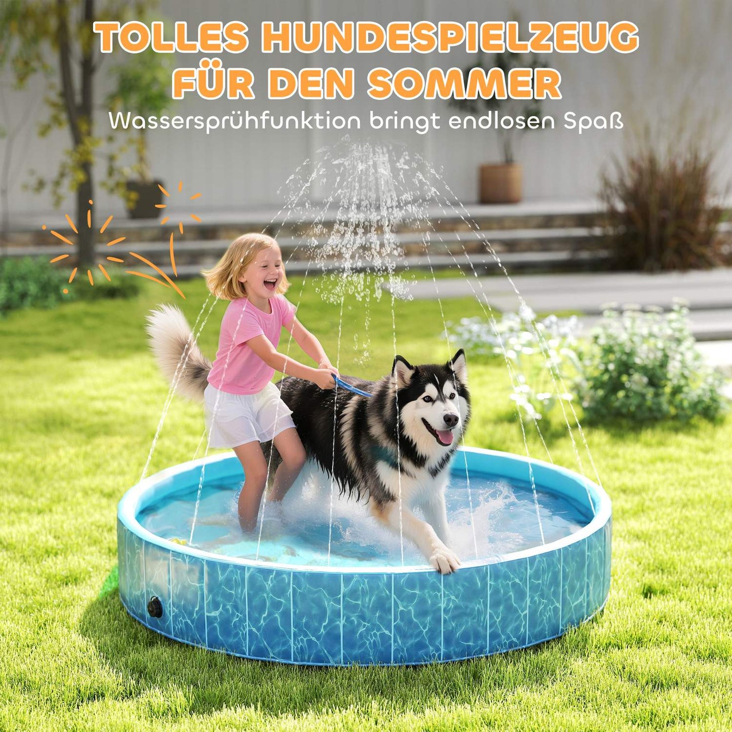 Dog Pool Foldable Paddling Pool with Fountain and Water Cushion Design Ø160 x 30 cm Blue