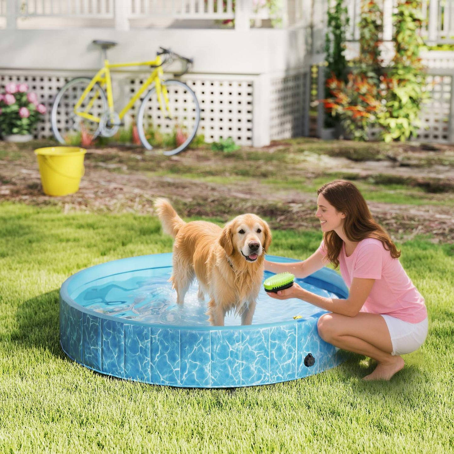 Dog Pool Foldable Paddling Pool with Fountain and Water Cushion Design Ø160 x 30 cm Blue