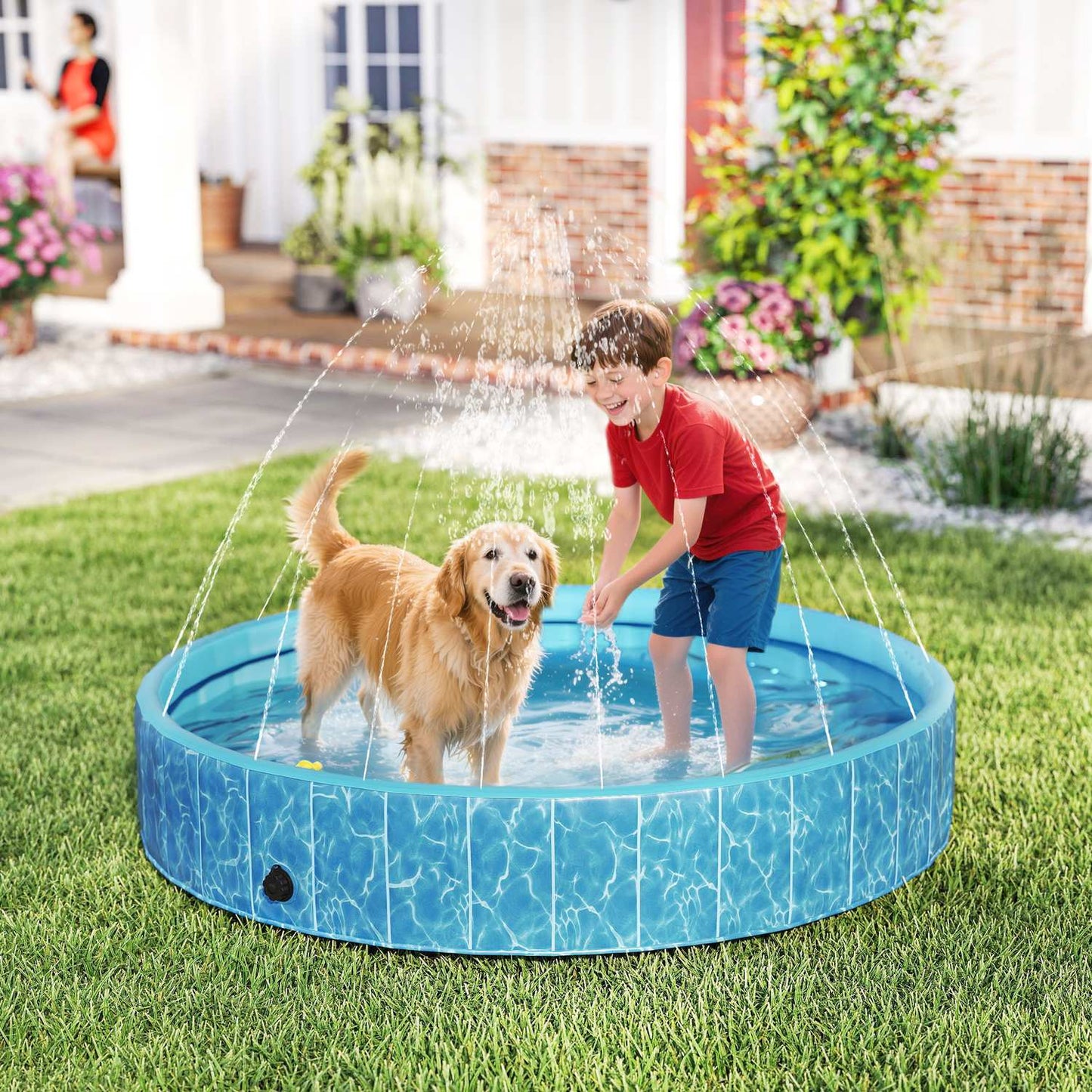 Dog Pool Foldable Paddling Pool with Fountain and Water Cushion Design Ø160 x 30 cm Blue