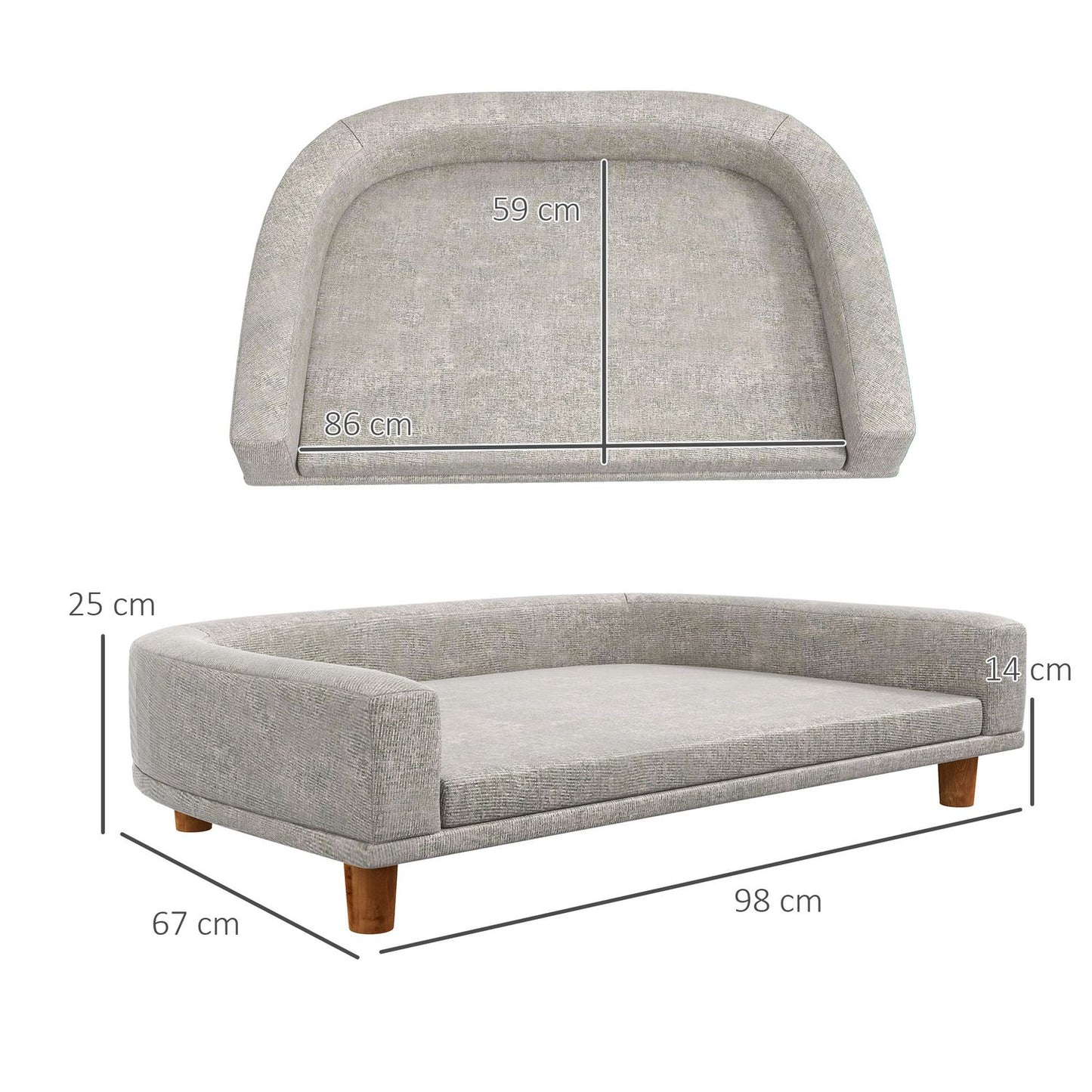 Dog sofa with cushion, raised design and wooden legs, gray