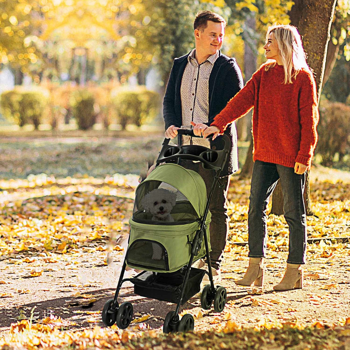 Pet stroller, foldable, small dogs and cats, Oxford Green
