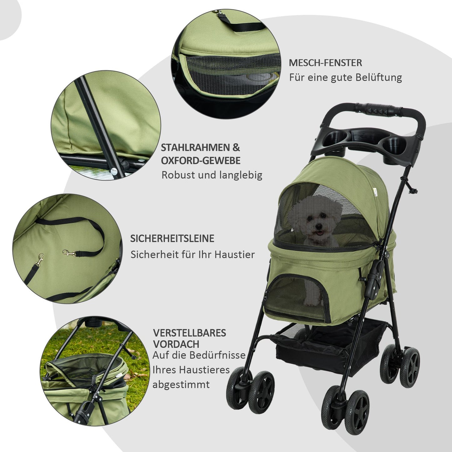 Pet stroller, foldable, small dogs and cats, Oxford Green