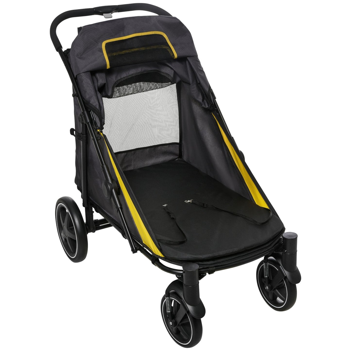 Collapsible pet stroller with cushion and mesh window, gray