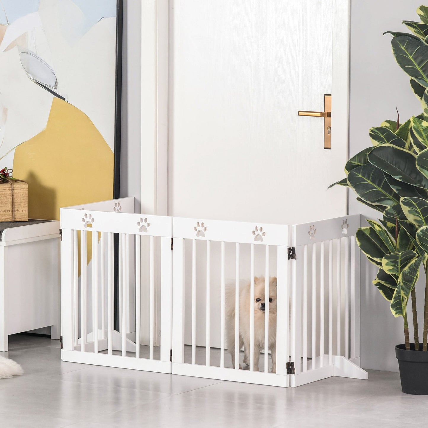 Folding wooden dog gate, 4 parts, 204x61cm, White