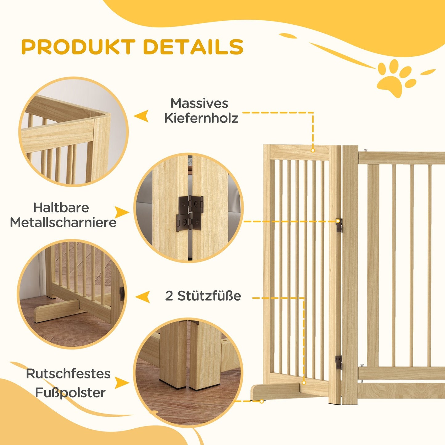 Folding wooden dog gate, 220x91cm, freestanding with door