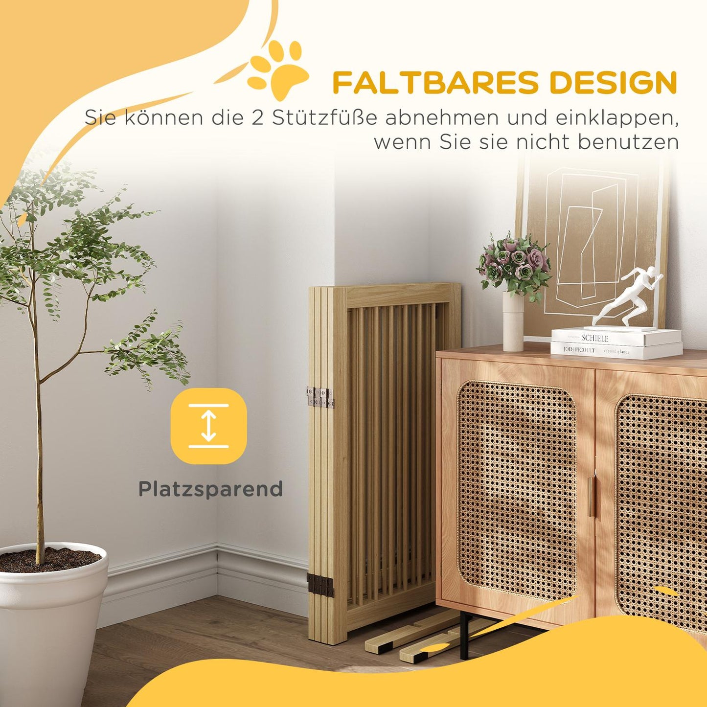 Folding wooden dog gate, 220x91cm, freestanding with door