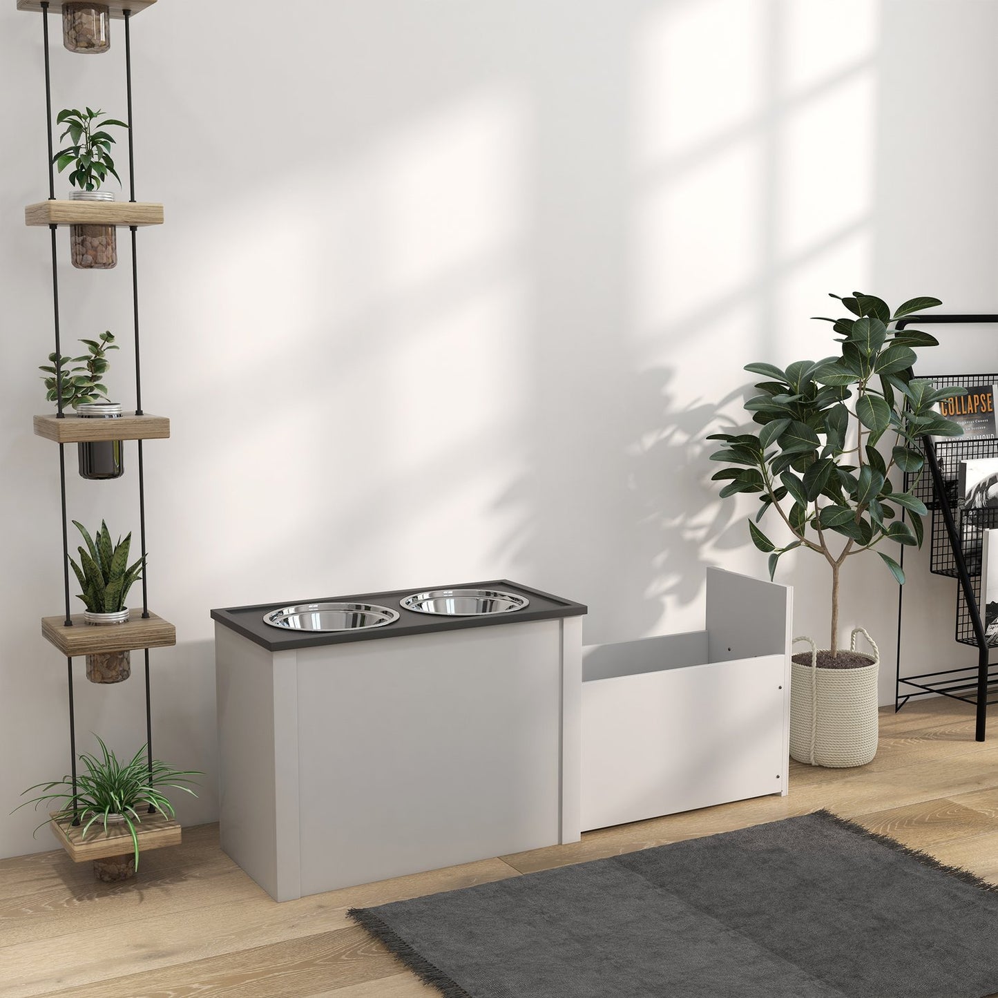 Dog food station with storage & 2L bowls - White