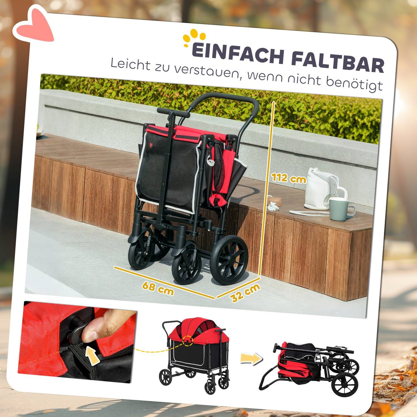 Dog buggy foldable for dogs & cats up to 30 kg 110 x 65 x 102 cm red
