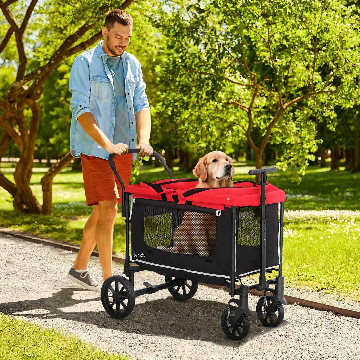 Dog buggy foldable for dogs & cats up to 30 kg 110 x 65 x 102 cm red