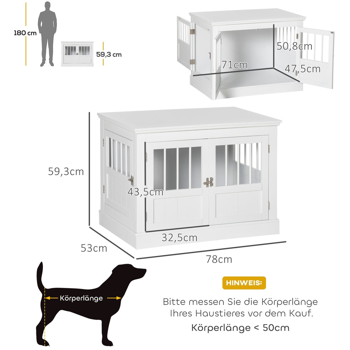 Dog cage, furniture with 3 doors, dog house, dog box for home, 78 x 53 x 59.3 cm, white