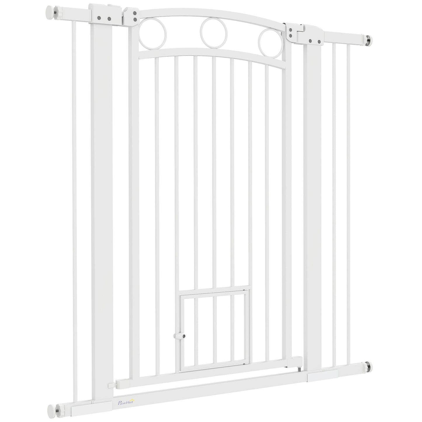 White steel protective gate for dogs and cats, 76-104 cm, no drill installation