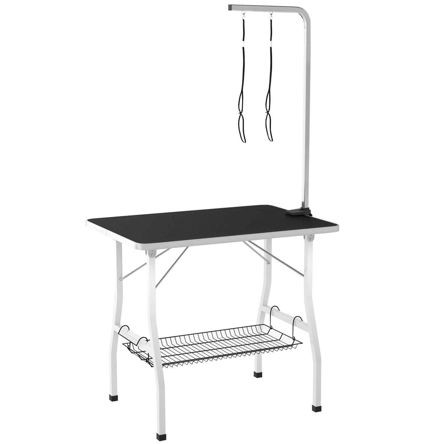 Height-adjustable dog grooming table, foldable with lifting straps