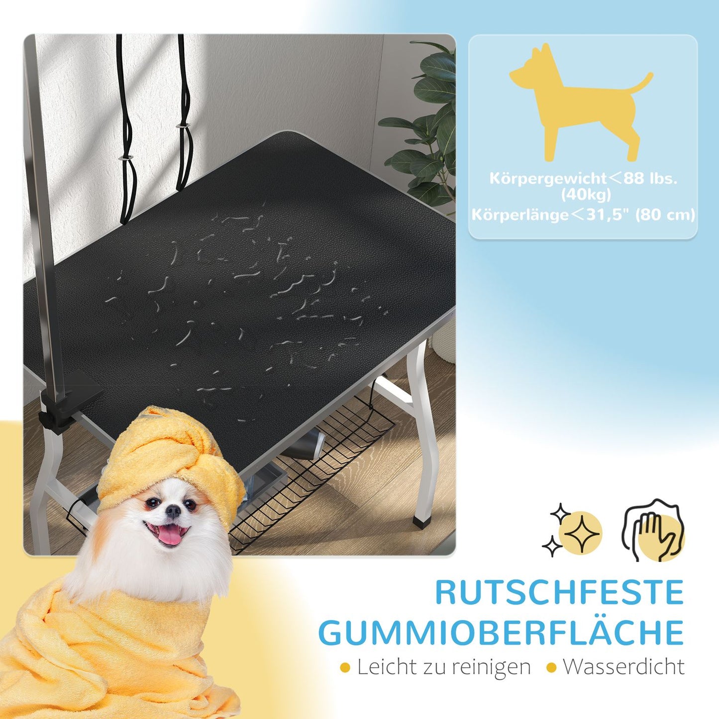 Height-adjustable dog grooming table, foldable with lifting straps