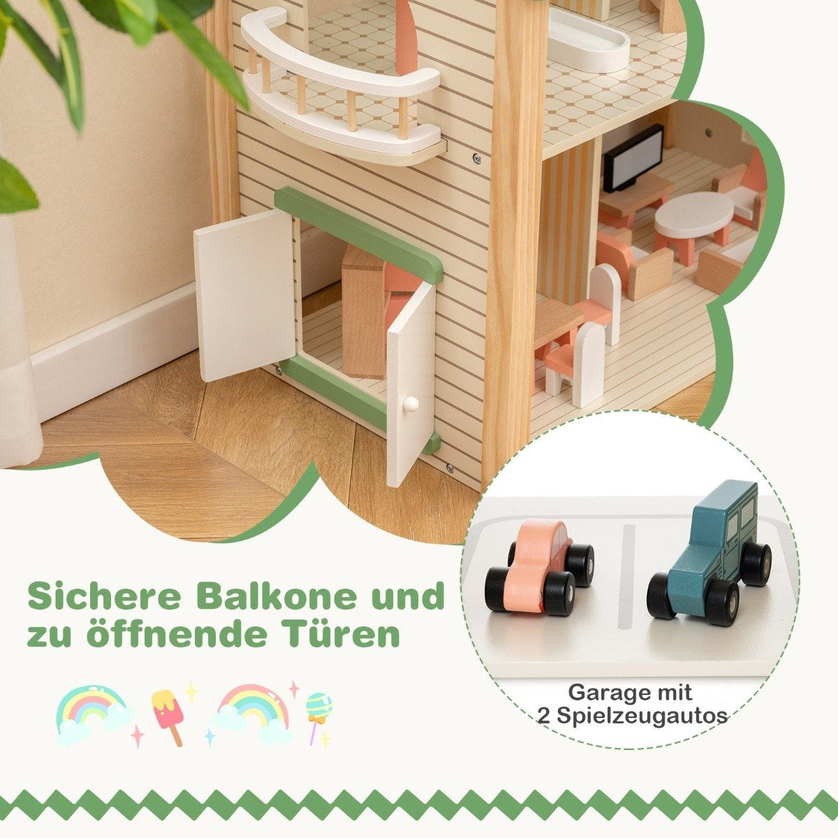Dollhouse with green roof & 36 accessories playset “Corner Villa” made of wood DIY dream house