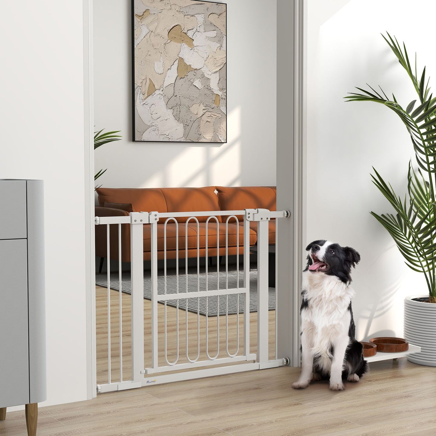White Steel Dog Gate - No-Drill, Lockable, 76-104 cm