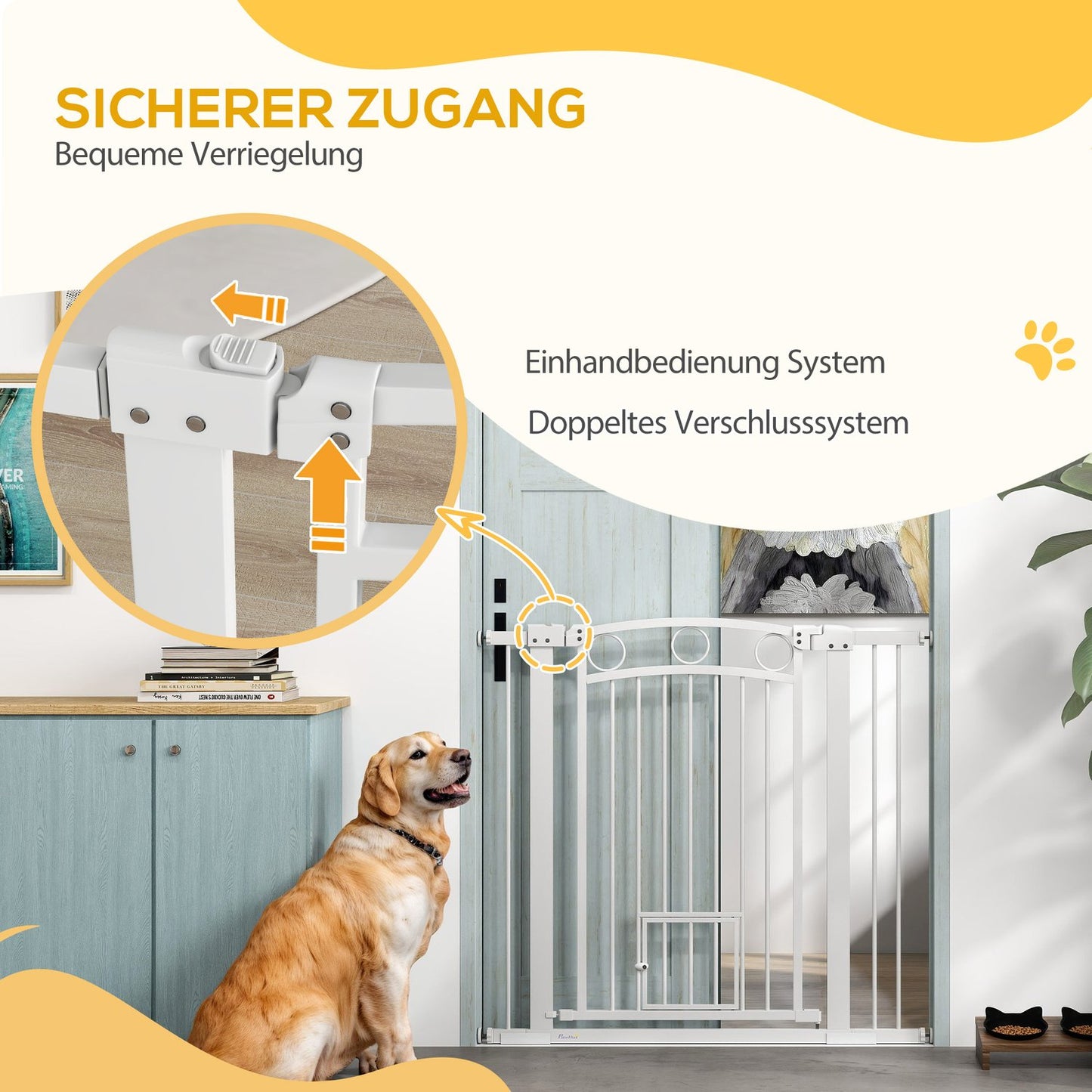 Dog protection gate with cat door, Adjustable 76-104 cm, Drill-free steel
