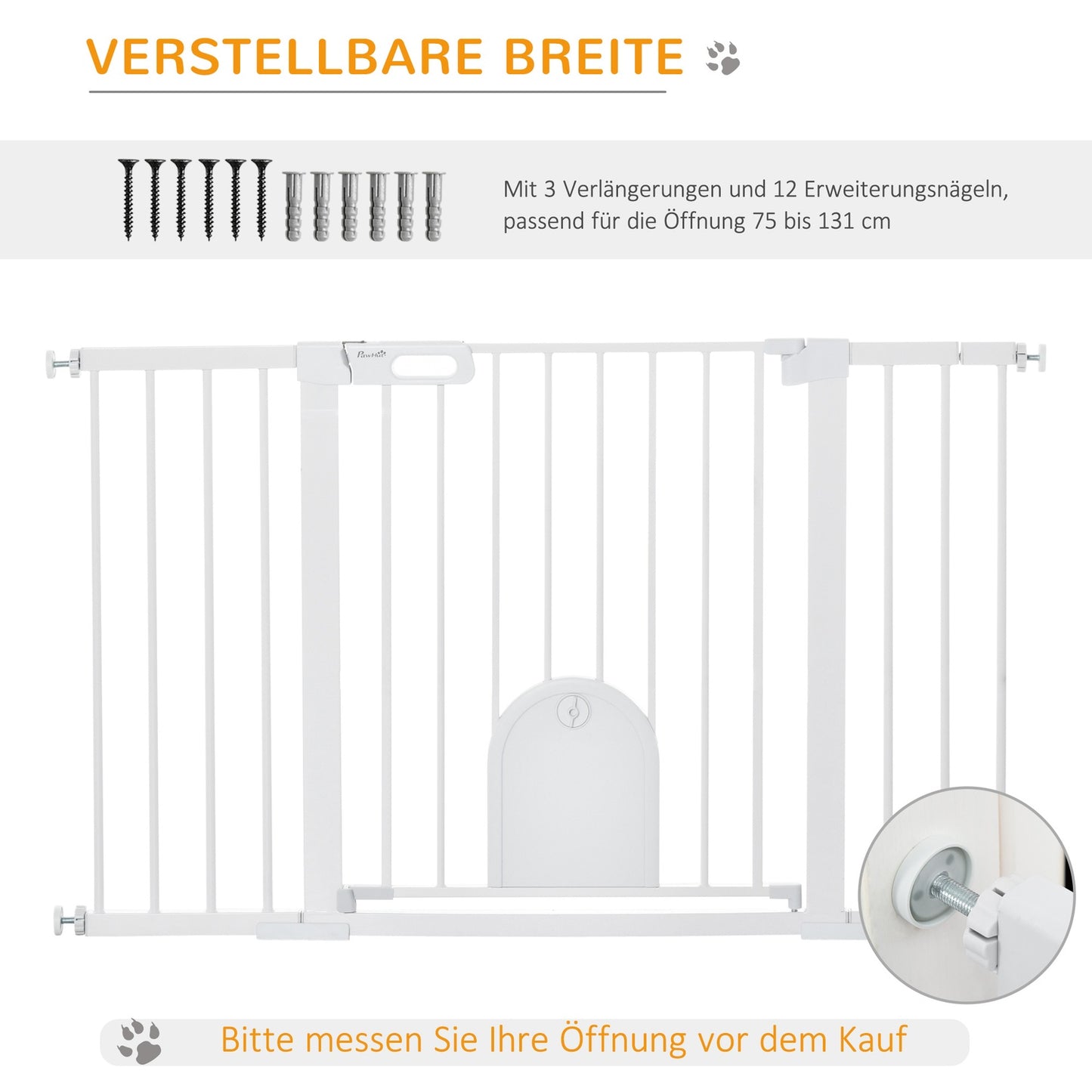 White metal stair gate, 75-131cm, secure clamp