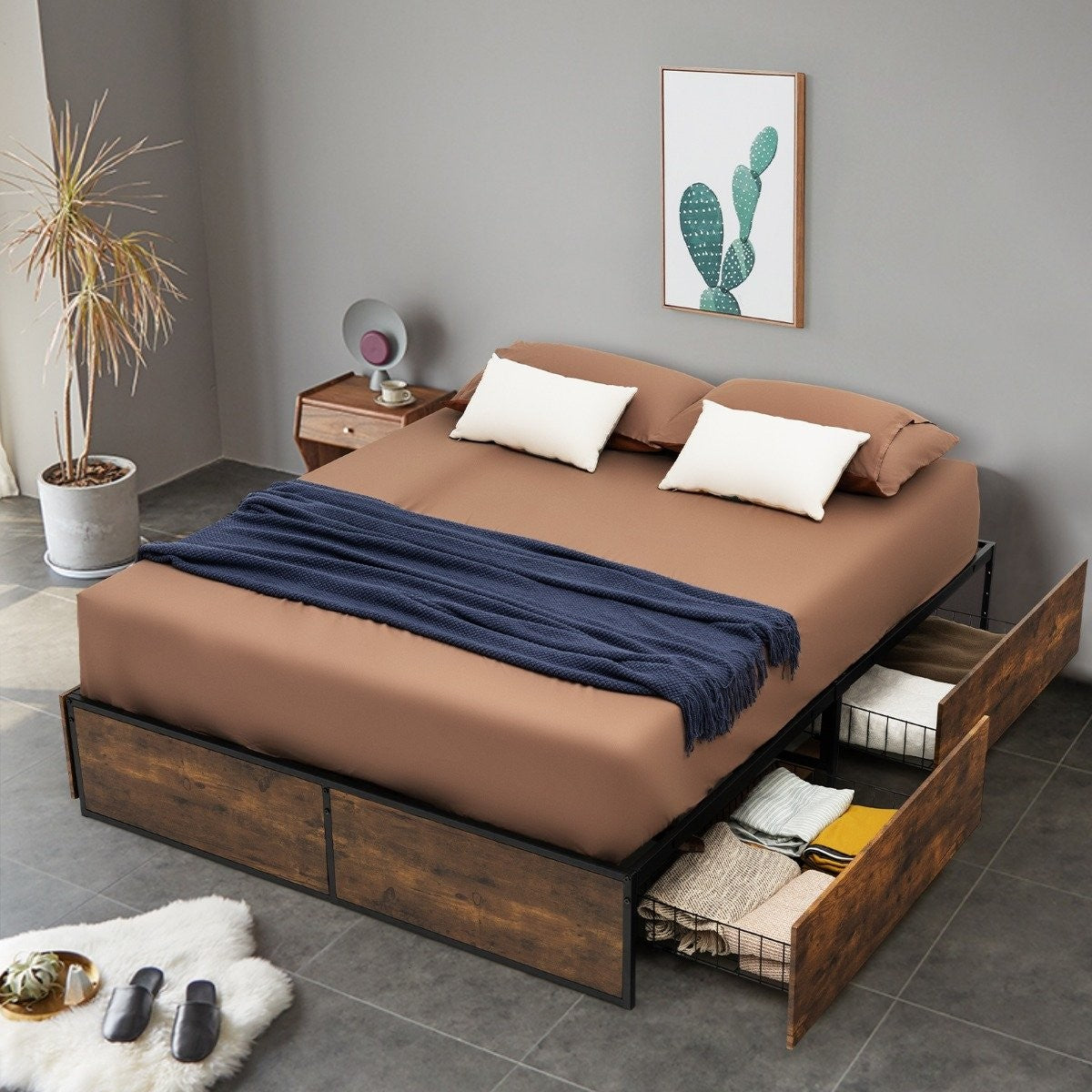 Double Bed Frame Heavy Duty Metal Bed with 4 Drawers Wooden Base End Rustic Brown