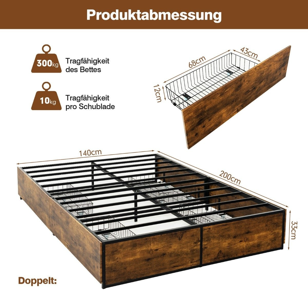 Double Bed Frame Heavy Duty Metal Bed with 4 Drawers Wooden Base End Rustic Brown