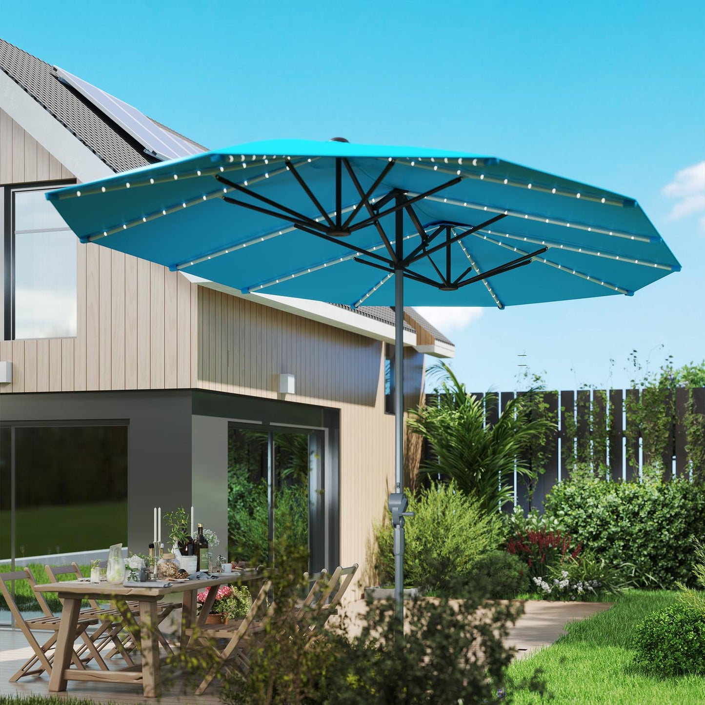 Double parasol with solar cell LEDs, UV 50+ aluminum - blue
