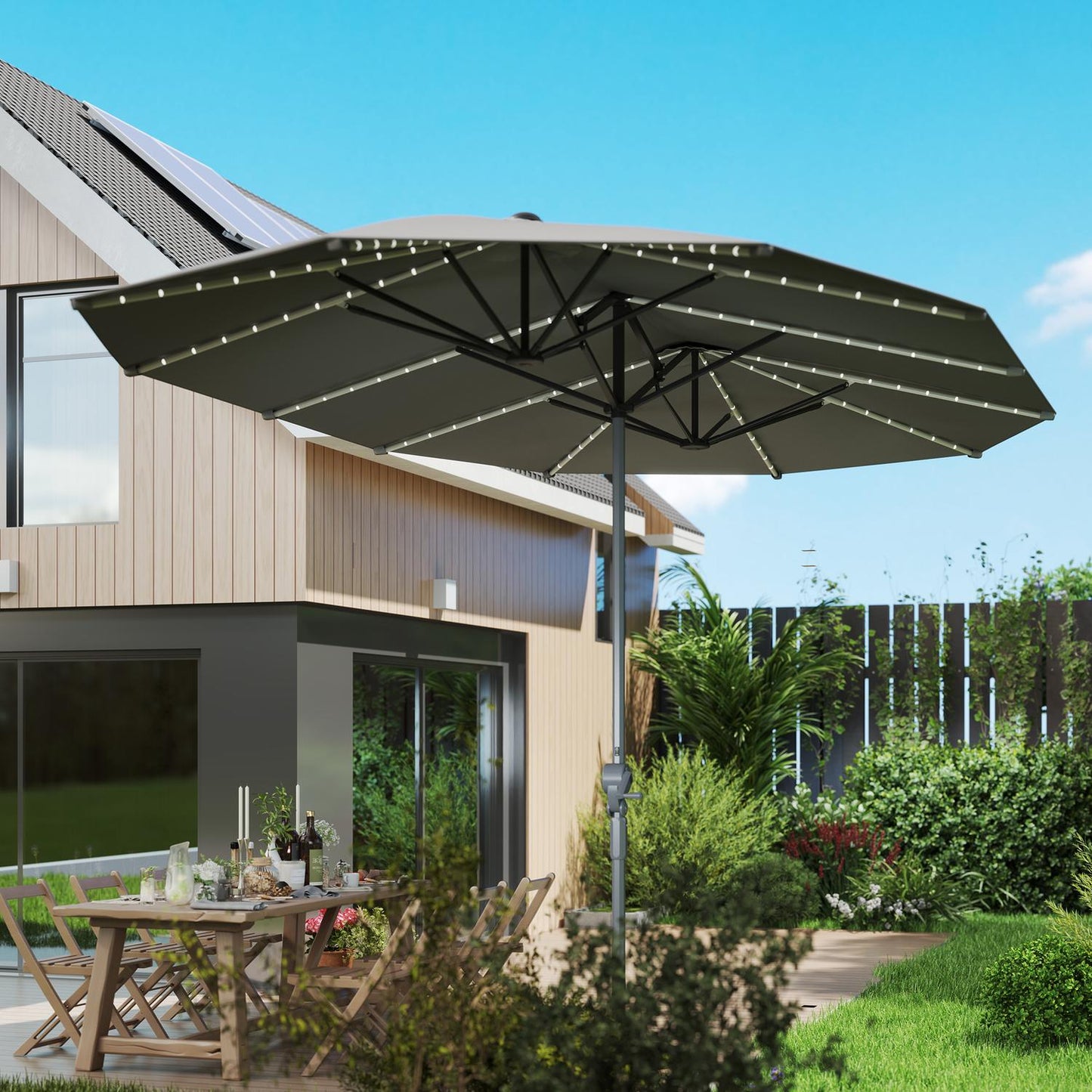 Double parasol with LED, UV50+ protection, dark grey