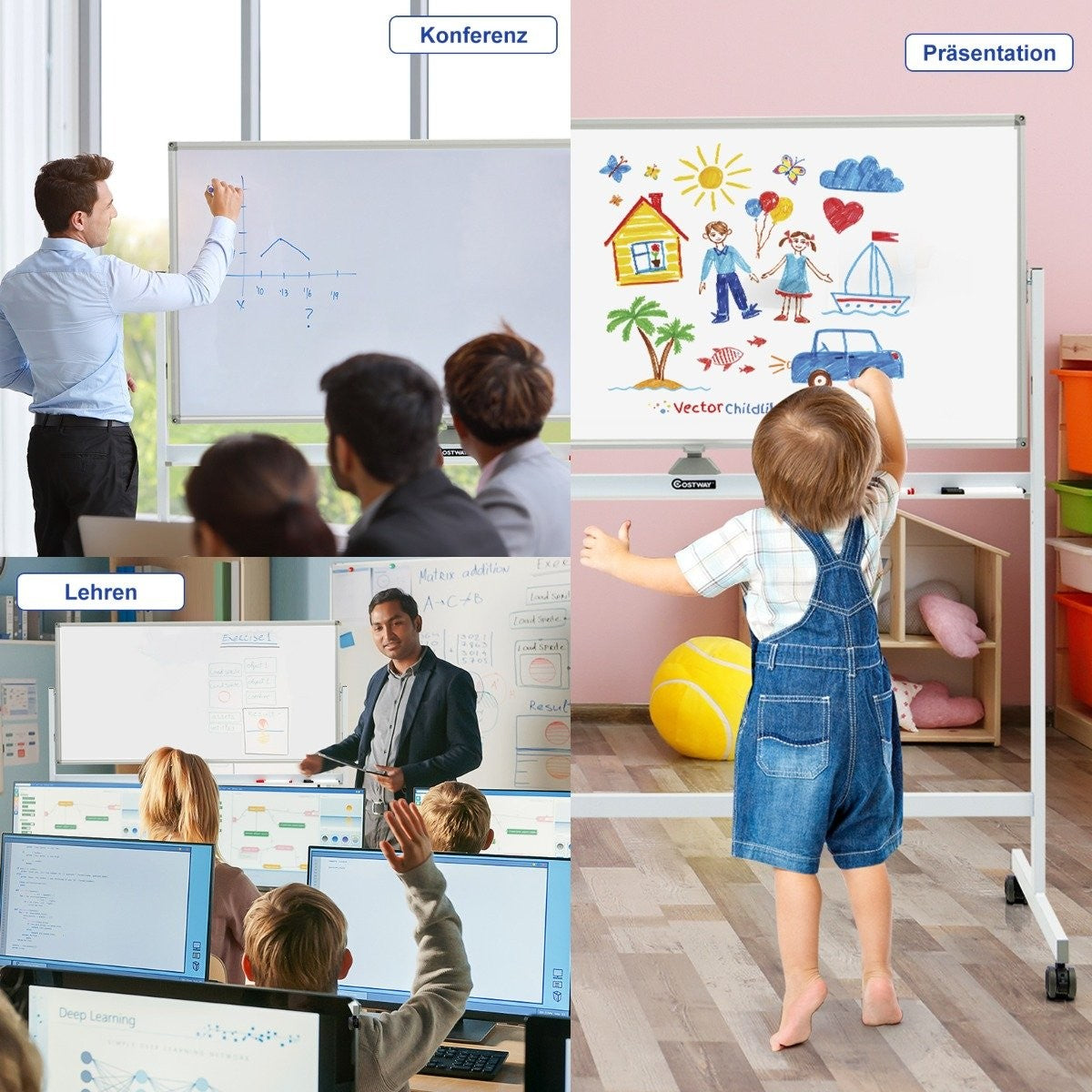Double Sided Magnetic Mobile Whiteboard Adjustable Dry Erase Board on Wheels White