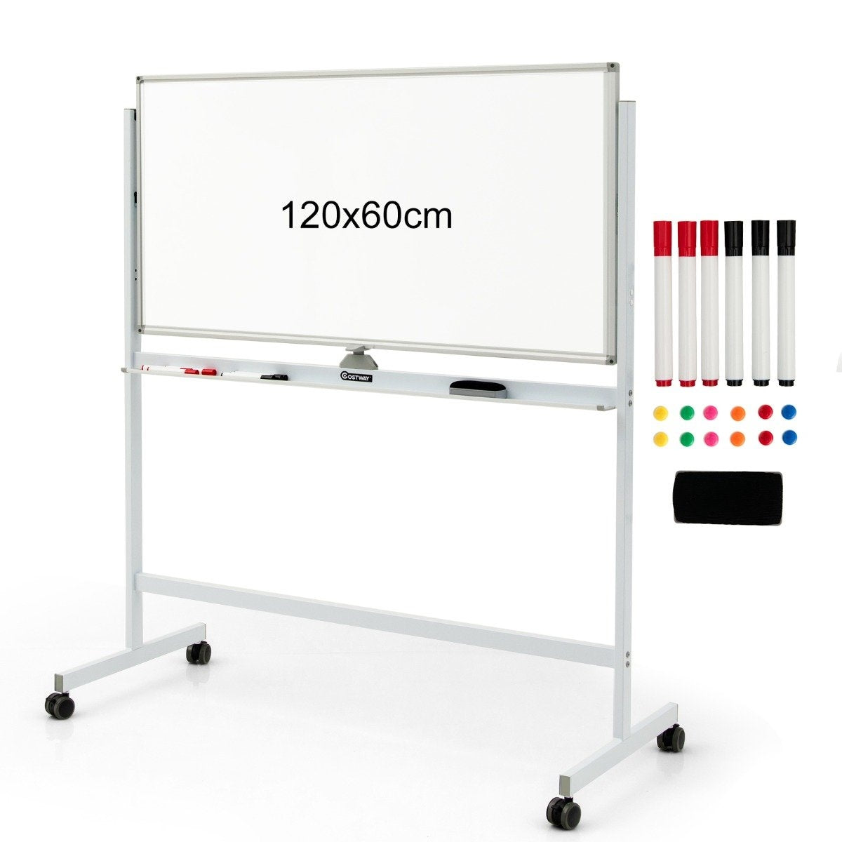Double Sided Magnetic Mobile Whiteboard Adjustable Dry Erase Board on Wheels White