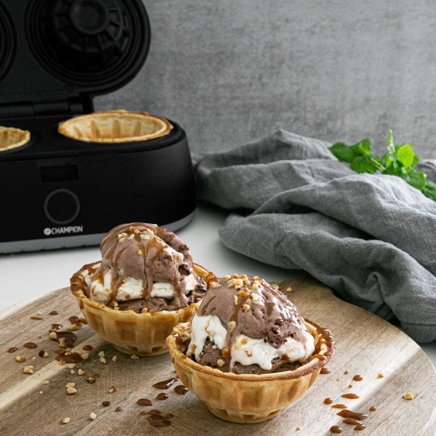 Double Waffle Bowl Maker, 1000W, Non-Stick, Black