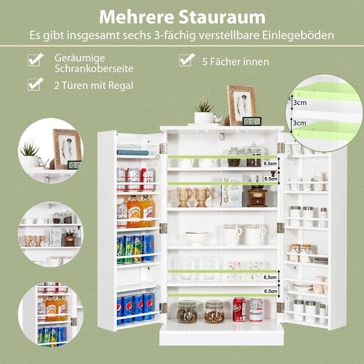 Double-door storage cabinet with 6 adjustable shelves 59 x 30.5 x 103.5 cm White